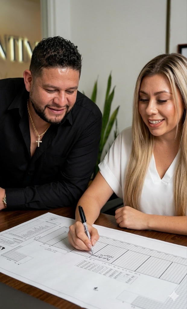 Jose and Tania, founders of Solana Energy Concepts, reviewing plans together