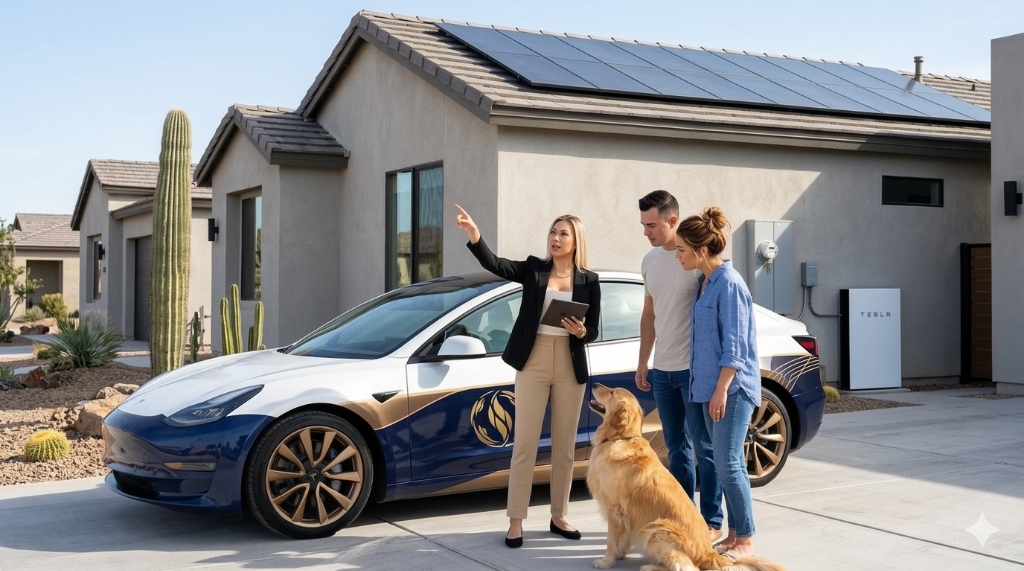 Happy homeowners discussing solar options next to a Tesla