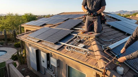 Solana technicians servicing a complex residential solar installation with battery storage and solar water heating in Phoenix, Arizona.