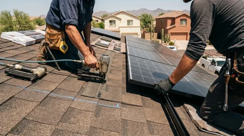 Arizona roofing contractor and solar technician working side by side on a residential roof in suburban Phoenix, demonstrating the Solana Pro partnership in action.