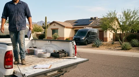 Partner roofing contractor arriving at a job site where Solana solar technicians are already detaching panels, illustrating coordinated workflow.